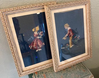 Vintage wood, framed boy and girl needlepoint wall art