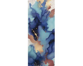 Custom Name Yoga Mat Marbled Ink Rose Gold and Blue