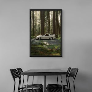 Pode incluir: Uma fotografia emoldurada de um carro desportivo branco estacionado numa paisagem florestal. O carro está rodeado de árvores altas e o solo está coberto de vegetação verde.