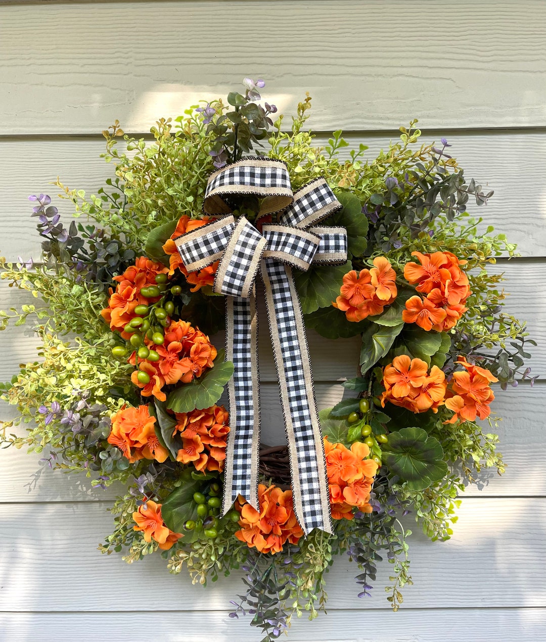 Wreath With Geraniums for Front Door, Summer Fall Wreath With Bow, Fall ...