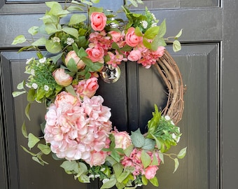 Spring Wreath for Front Door, Floral Spring Wreath for Front Door, Spring Decor, Mother's Day Gift, Spring Wreath with Peony and Roses