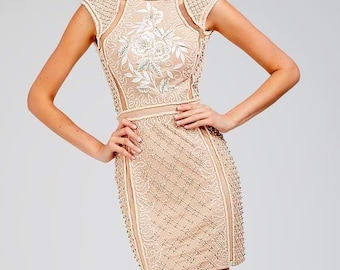 Jovani Nude Beaded Cocktail Dress Size 12 Short Prom Dress Open Back High Neck Formal Dress