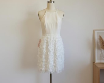 Aidan Mattox White Sleeveless Fringe Trim Dress