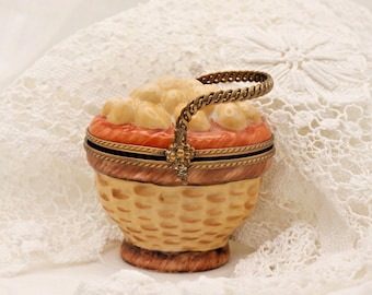 Limoges Trinket Box: Oval Egg Basket Design (Handpainted Porcelain)