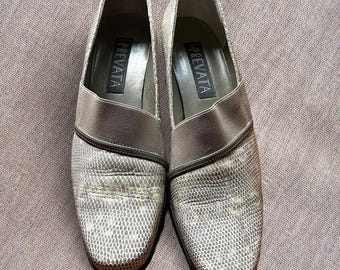 Vintage Prevata Snakeskin Pumps Taupe Square Toe Low Heel Shoes Womens 8N