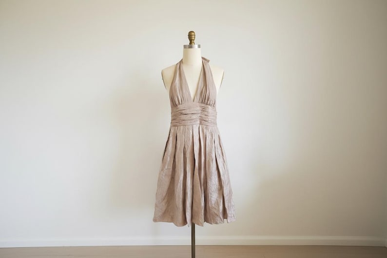 Adrianna Papell Champagne Metallic Shimmer Halter Cocktail Dress image 1