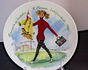 D'Arceau Limoges Woman of the Century Francoise in Trousers Porcelain Plate - Vintage 1960s Limoges Art