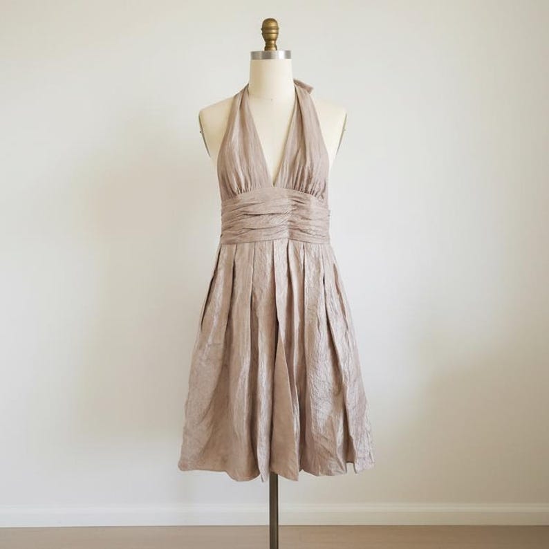 Adrianna Papell Champagne Metallic Shimmer Halter Cocktail Dress image 3