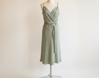 Sage Green Satin Cowl Neck Wrap Dress