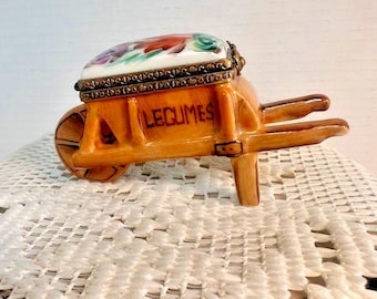 Limoges France Brown Vegetable Wheelbarrow "Legumes" Trinket Box | Hand Painted Porcelain