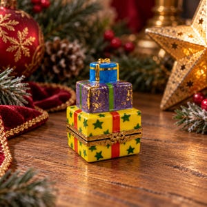 May include: A porcelain trinket box shaped like a stack of three wrapped gifts. The bottom box is yellow with green stars and a red ribbon, the middle is purple with gold flecks and a green ribbon, and the top is blue with a gold ribbon.