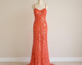 Morgan & Co 1745 Neon Orange Sequin Prom Dress