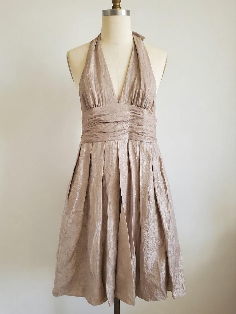 Adrianna Papell Champagne Metallic Shimmer Halter Cocktail Dress image 2