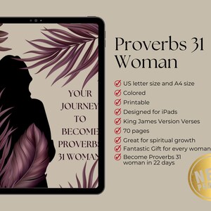 Peut inclure: Une couverture de journal numérique imprimable avec une silhouette de femme devant des feuilles tropicales. Le texte "Your Journey to Become Proverbs 31 Woman" est présenté sur la couverture. Le journal est conçu pour les iPads et comprend des versets de la version King James. Il compte 70 pages et est un excellent cadeau pour la croissance spirituelle.