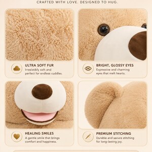 May include: Detailed presentation of a giant teddy bear, showcasing its features. The image highlights the ultra-soft fur, bright glossy eyes, healing smiles, and premium stitching. The text emphasizes the quality and design of the bear.