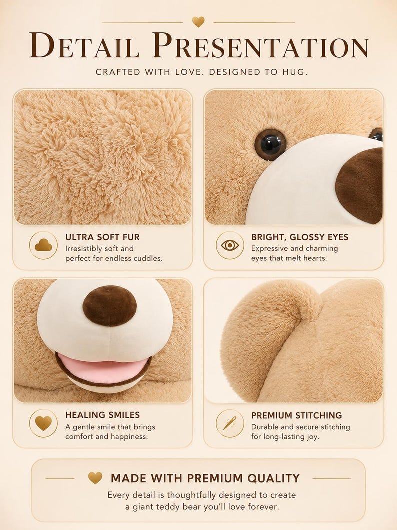 May include: Detailed presentation of a giant teddy bear, showcasing its features. The image highlights the ultra-soft fur, bright glossy eyes, healing smiles, and premium stitching. The text emphasizes the quality and design of the bear.