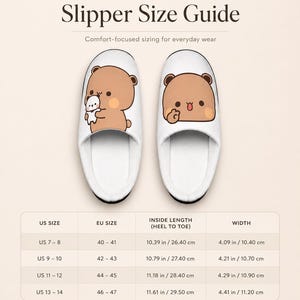 May include: White slippers with cartoon bear graphics. The image includes a size guide with US, EU, and metric measurements. The text reads "Men's Slipper Size Guide" and "Comfort-focused sizing for everyday wear."
