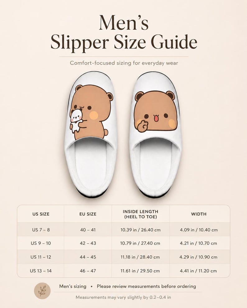 May include: White slippers with cartoon bear graphics. The image includes a size guide with US, EU, and metric measurements. The text reads "Men's Slipper Size Guide" and "Comfort-focused sizing for everyday wear."