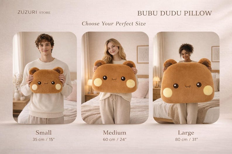 Puede incluir: Almohada con forma de oso marr&oacute;n con una cara linda, disponible en tres tama&ntilde;os: peque&ntilde;o (35 cm), mediano (60 cm) y grande (80 cm). La almohada tiene mejillas redondas amarillas y orejas peque&ntilde;as. El texto "BUBU DUDU PILLOW" est&aacute; en la parte superior.