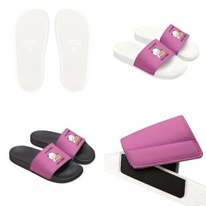 May include: Pair of pink and white slides with a cartoon bear graphic and the text "every dog needs a hug".