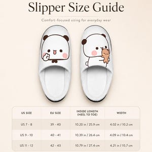 May include: White slippers with panda bear graphics, a size guide, and the text "Women's Slipper Size Guide." The guide shows US sizes 7-8 (25.9 cm), 9-10 (26.4 cm), and 11-12 (27.4 cm).
