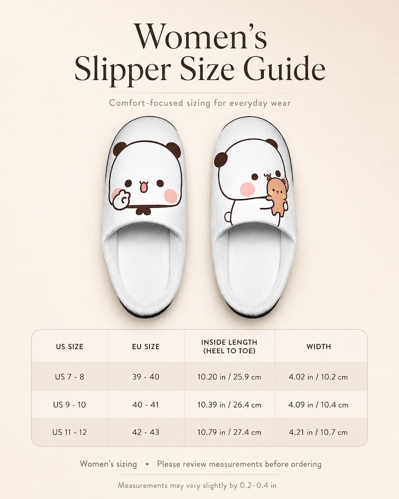 May include: White slippers with panda bear graphics, a size guide, and the text "Women's Slipper Size Guide." The guide shows US sizes 7-8 (25.9 cm), 9-10 (26.4 cm), and 11-12 (27.4 cm).