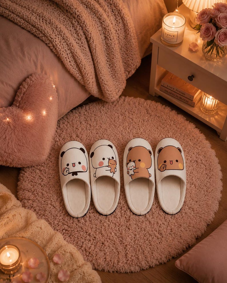 May include: Four pairs of white and beige cartoon character slippers with black accents are arranged on a pink rug. The slippers feature panda and bear designs. The scene is set in a cosy bedroom with a bed and nightstand.