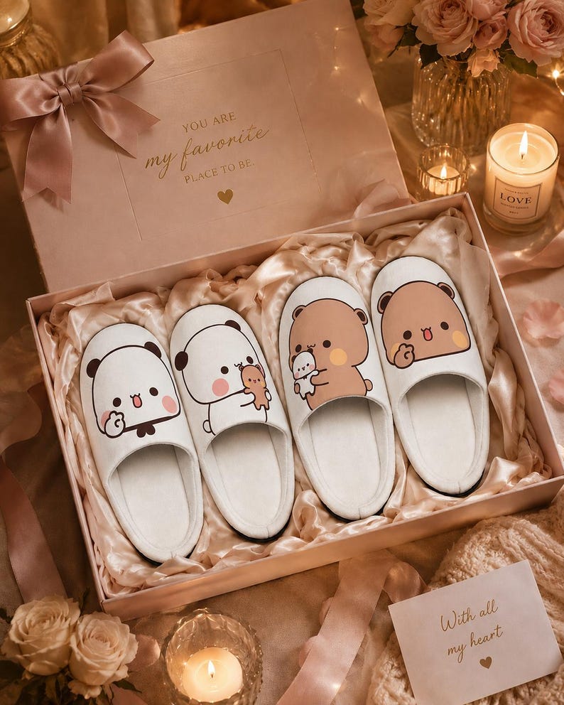 May include: A gift box with four pairs of white slippers, each featuring a different cartoon bear design. The box is pink with a bow and the text "YOU ARE my favorite PLACE TO BE." The slippers are arranged on a satin-like fabric.