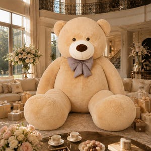 May include: A large, plush teddy bear with a light brown fur, a brown nose, and a blue and white bow tie. The bear is surrounded by gifts, flowers, and a coffee table with treats and books. The setting is a luxurious living room.
