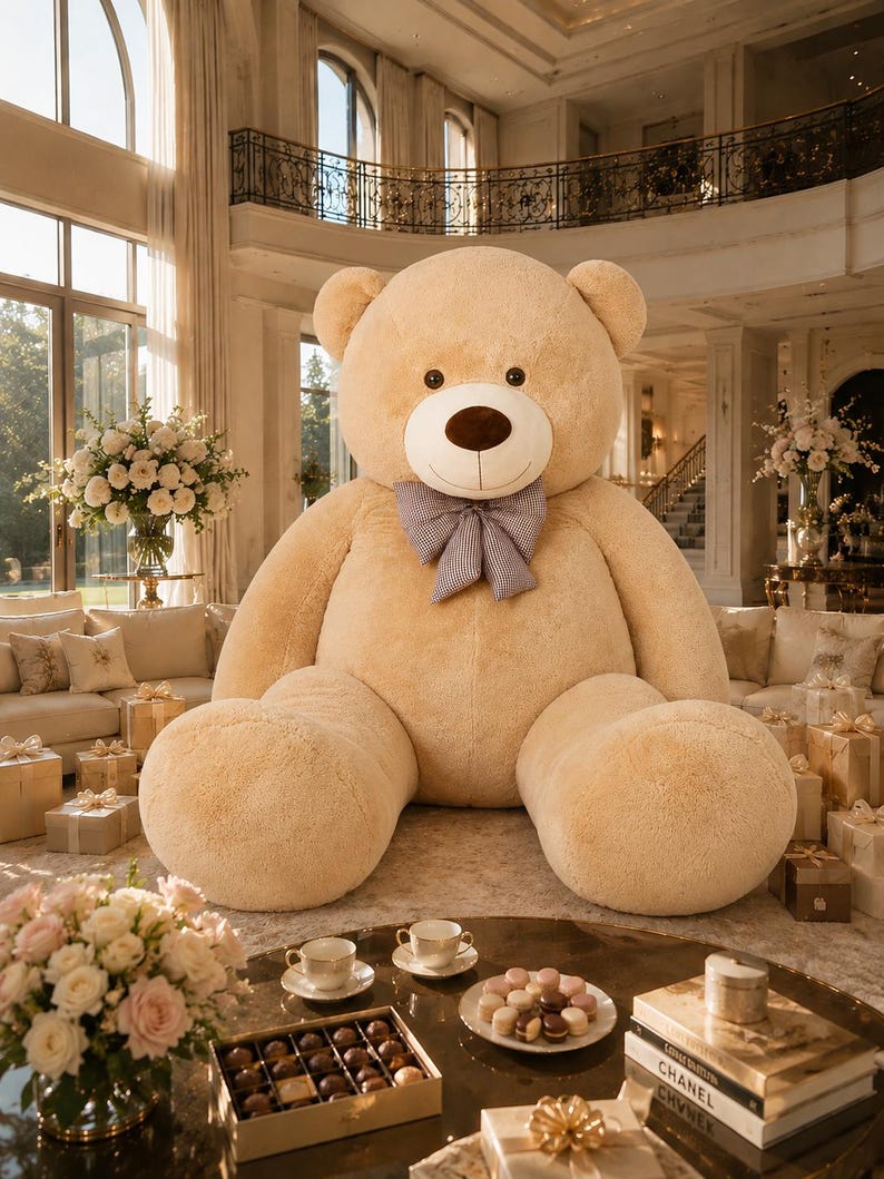 May include: A large, plush teddy bear with a light brown fur, a brown nose, and a blue and white bow tie. The bear is surrounded by gifts, flowers, and a coffee table with treats and books. The setting is a luxurious living room.