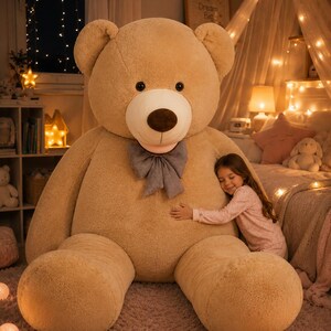 May include: A large, tan teddy bear with a gray bow tie. The plush toy has a brown nose and black eyes. A child is hugging the bear. The room is decorated with fairy lights and a "Dream Big" sign.