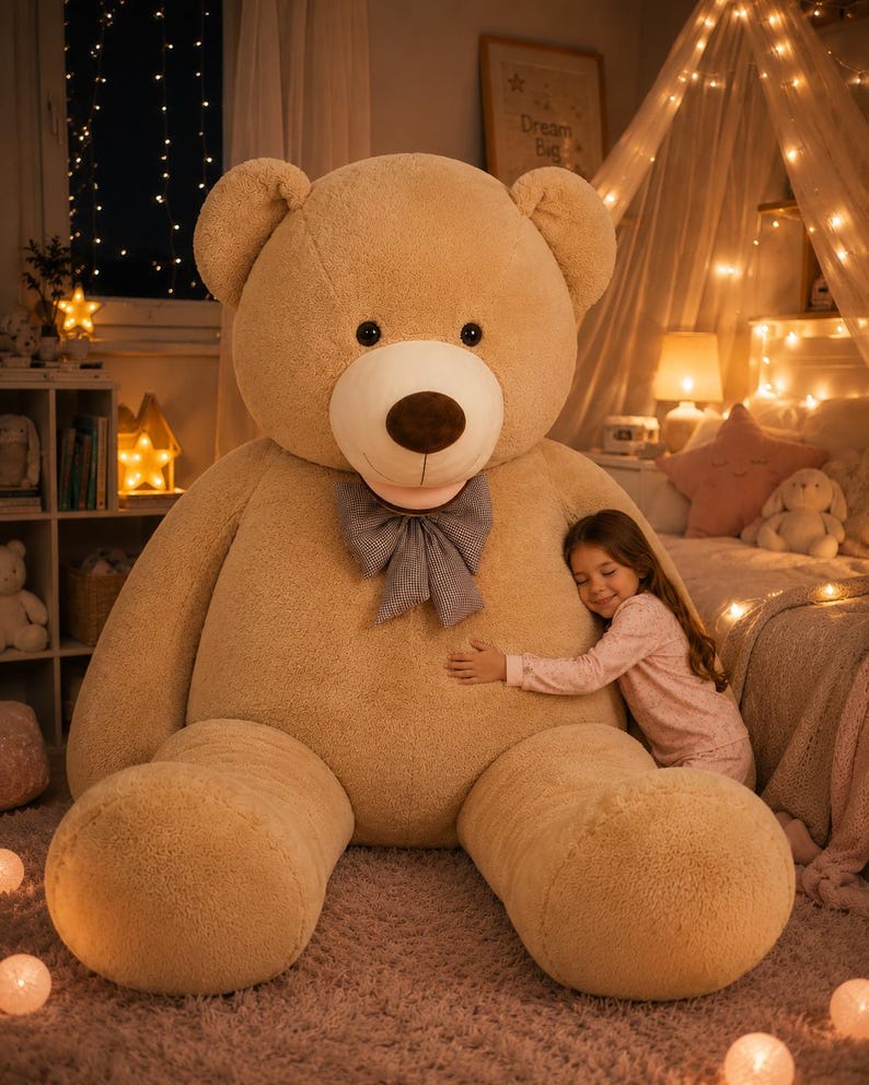 May include: A large, tan teddy bear with a gray bow tie. The plush toy has a brown nose and black eyes. A child is hugging the bear. The room is decorated with fairy lights and a "Dream Big" sign.