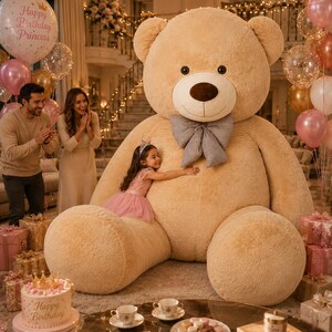 May include: A large, tan teddy bear with a bow tie is the centerpiece of a birthday celebration. A young girl in a pink dress hugs the bear. Balloons, gifts, and a cake with the words "Happy Birthday" are also present.