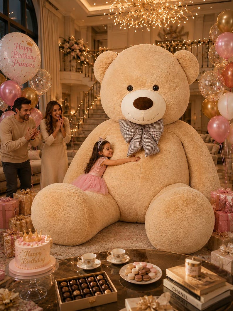 May include: A large, tan teddy bear with a bow tie is the centerpiece of a birthday celebration. A young girl in a pink dress hugs the bear. Balloons, gifts, and a cake with the words "Happy Birthday" are also present.