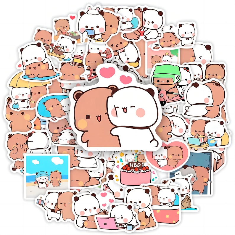 May include: A set of colourful cartoon animal stickers featuring bears, pandas, and other cute characters. The stickers are perfect for decorating journals, laptops, water bottles, and more.