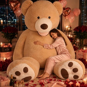 May include: A large, tan teddy bear with a brown nose and paw pads. The bear is surrounded by red roses, pink balloons, and candles. A person in pink pajamas is hugging the bear.
