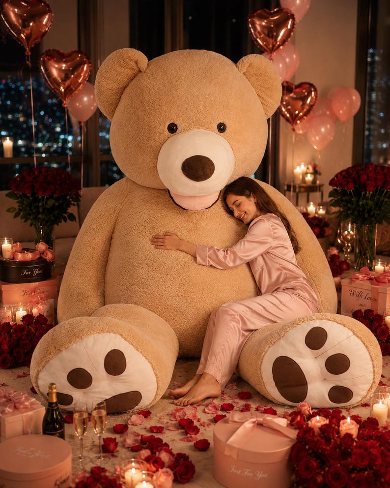 May include: A large, tan teddy bear with a brown nose and paw pads. The bear is surrounded by red roses, pink balloons, and candles. A person in pink pajamas is hugging the bear.