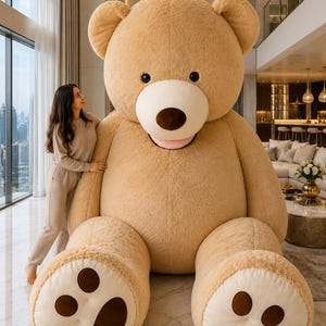 May include: A giant plush teddy bear in a light brown color. The bear has a white muzzle and paw pads with brown details. The bear is very large, and is in a well-lit room with a woman standing next to it.