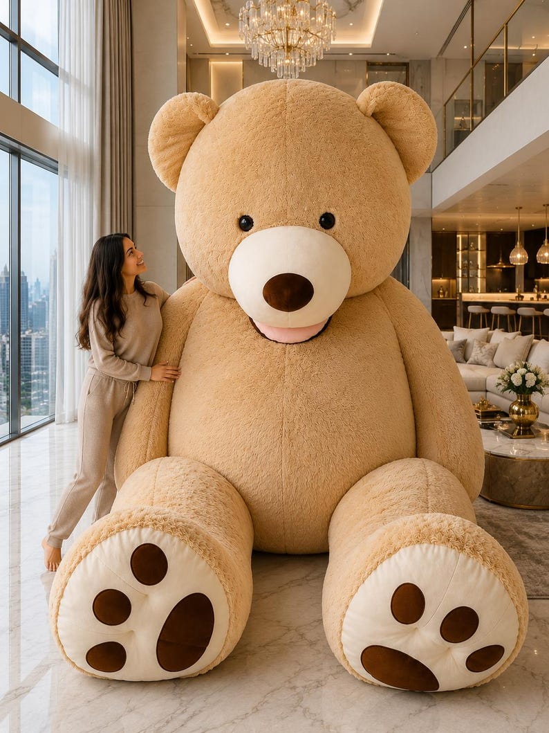 May include: A giant plush teddy bear in a light brown color. The bear has a white muzzle and paw pads with brown details. The bear is very large, and is in a well-lit room with a woman standing next to it.