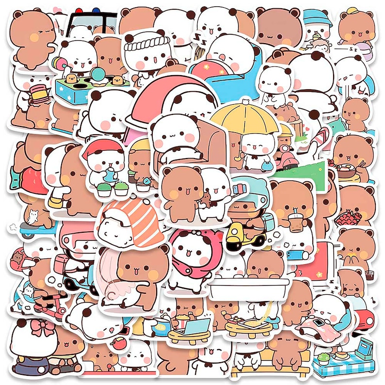May include: A set of 50 cute panda and bear stickers. The stickers feature various designs, including pandas and bears in different poses, holding objects, and wearing clothes. The stickers are perfect for adding a touch of whimsy to laptops, water bottles, journals, and more.