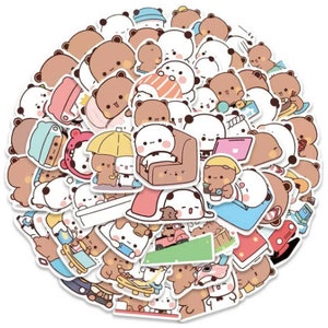 May include: A set of 50 colourful cartoon animal stickers featuring bears and pandas in various poses and activities. The stickers are perfect for decorating journals, laptops, water bottles, and more.