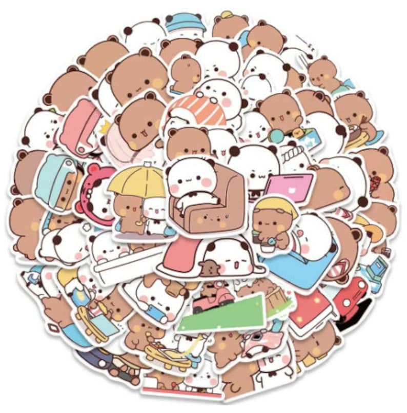 May include: A set of 50 colourful cartoon animal stickers featuring bears and pandas in various poses and activities. The stickers are perfect for decorating journals, laptops, water bottles, and more.