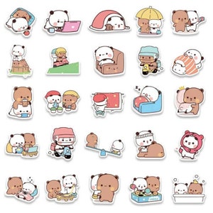 May include: A set of 25 cute cartoon bear and panda stickers. The stickers feature various activities like riding a scooter, playing on a seesaw, and taking a bath. The stickers are perfect for adding a touch of whimsy to your planner, laptop, or water bottle.