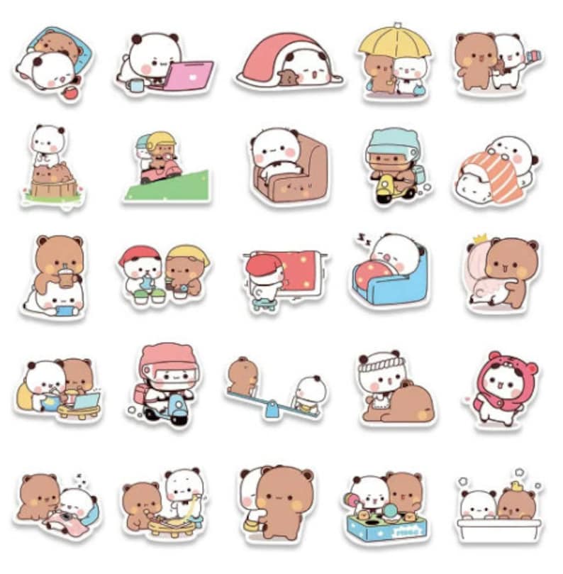 May include: A set of 25 cute cartoon bear and panda stickers. The stickers feature various activities like riding a scooter, playing on a seesaw, and taking a bath. The stickers are perfect for adding a touch of whimsy to your planner, laptop, or water bottle.