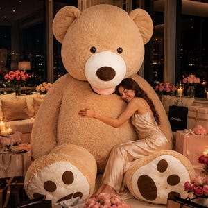 May include: A large, plush teddy bear in a light brown hue dominates the scene. The bear has a white muzzle and brown paw pads. A person is seated next to the bear, surrounded by gifts and flowers, creating a cozy and luxurious atmosphere.