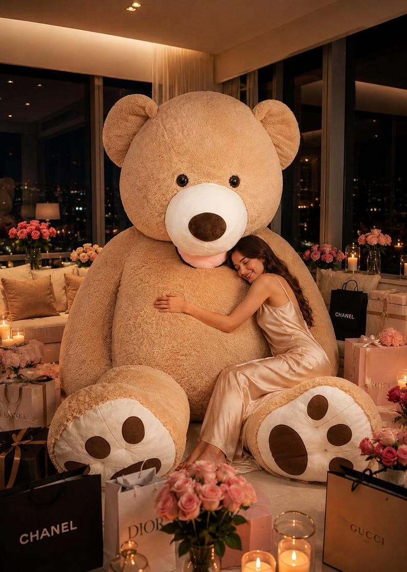 May include: A large, plush teddy bear in a light brown hue dominates the scene. The bear has a white muzzle and brown paw pads. A person is seated next to the bear, surrounded by gifts and flowers, creating a cozy and luxurious atmosphere.