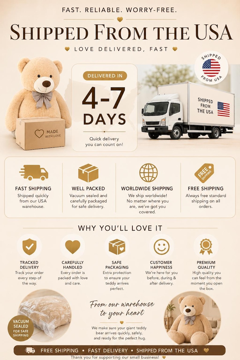 May include: Promotional image for a teddy bear business. Features a large teddy bear, a delivery truck, and text emphasizing fast shipping, safe packaging, and customer satisfaction. The text reads "Shipped from the USA".