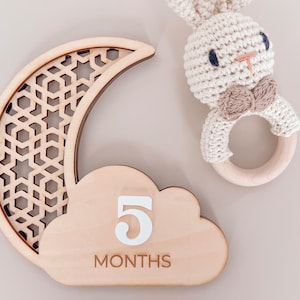Carte d'étape mensuelle en bois pour bébé en treillis de nuages de lune | Jeu de cartes de visite personnalisées | Enseigne de marqueurs d'étape en rotin | Cadeau bébé, accessoire photo