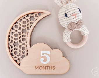 Wooden Moon Cloud Lattice Baby Monthly Milestone Card | Personalized Name Card Set | Rattan Milestone Markers Sign | Baby Gift, Photo Prop