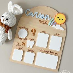 Wooden Sunshine Rainbow Monthly Milestone Board | Custom Personalized Reusable Dry Erase Board | Baby Gift, Photo Prop, Nursery Decor
